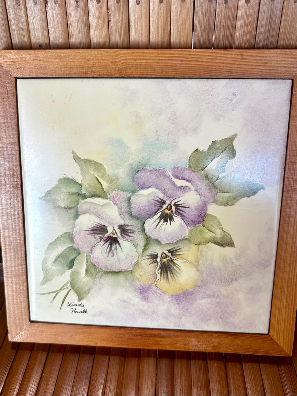 Framed Floral Pansy Painting Trivet in Purple and Cream by